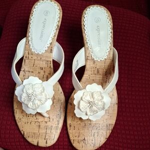 Expressions White Floral Cork Wedge Thong Sandals